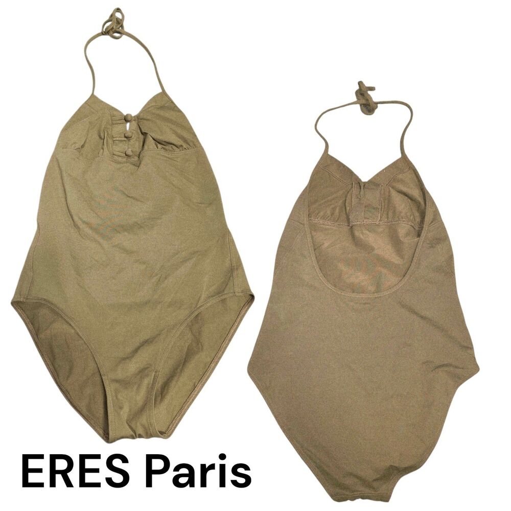ERES PARIS Sz S Olive Green Button Halter Neck Tie String Designer Swimsuit